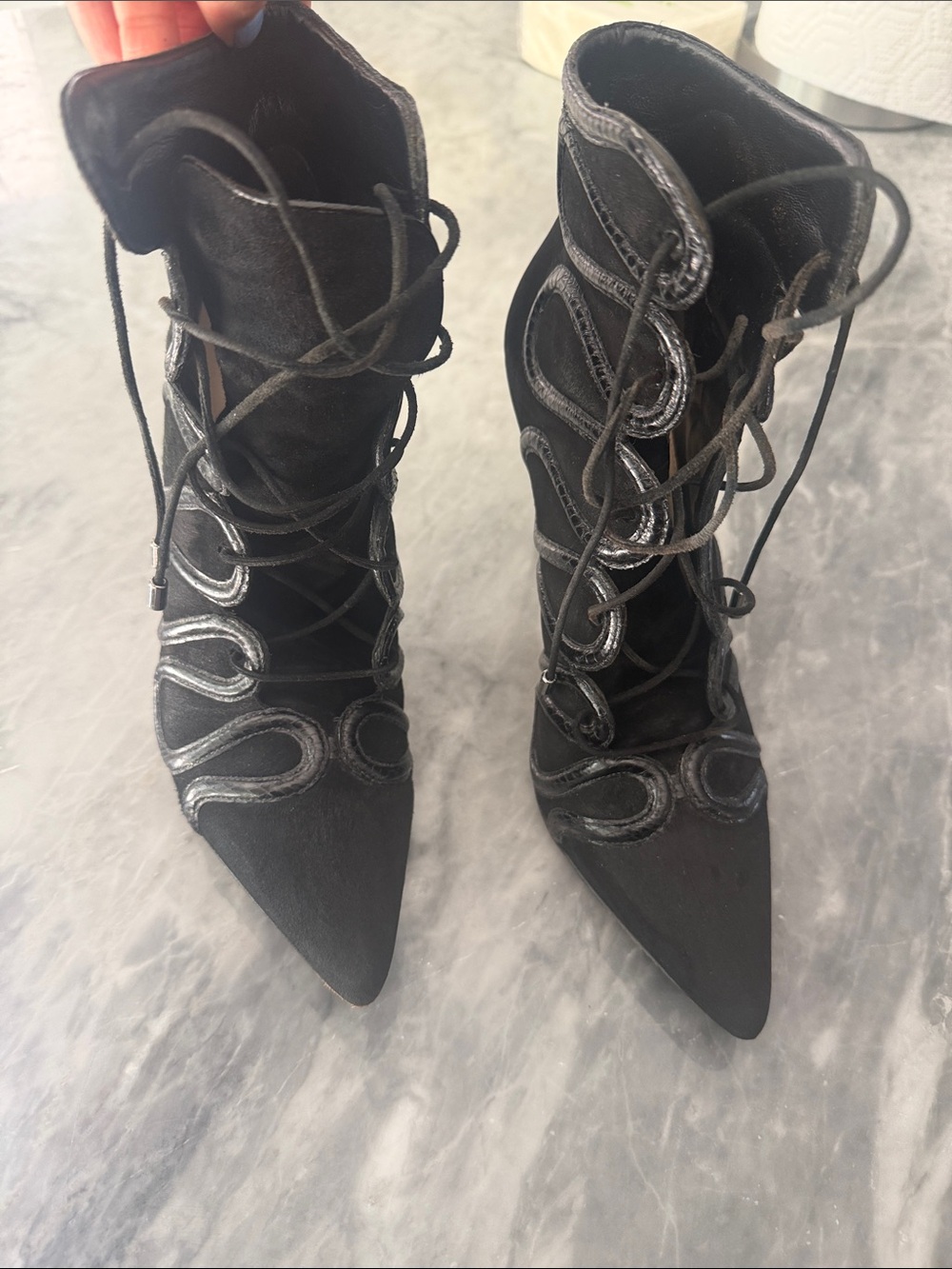 Alexandre Birman Women's Black Lace-Up Pointed-Toe Ankle Boots size 38.5